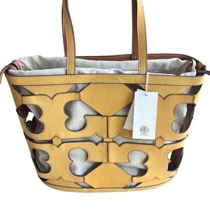 $698 *RARE* NWT TORY BURCH Ella Cutout Logo Small Tote Bag Limone Designer Purse